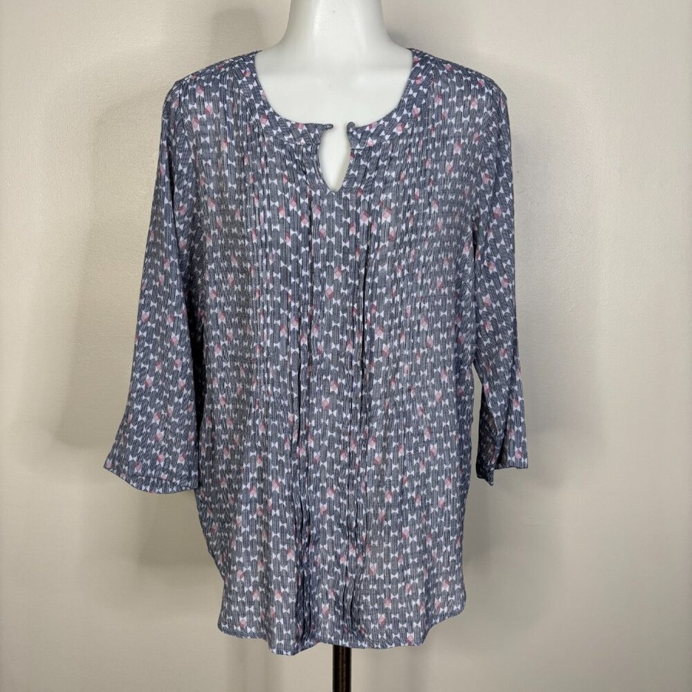 Christopher & Banks‎ Top Medium Blue Purple Pleated 3/4 Sleeve Blouse Women's
